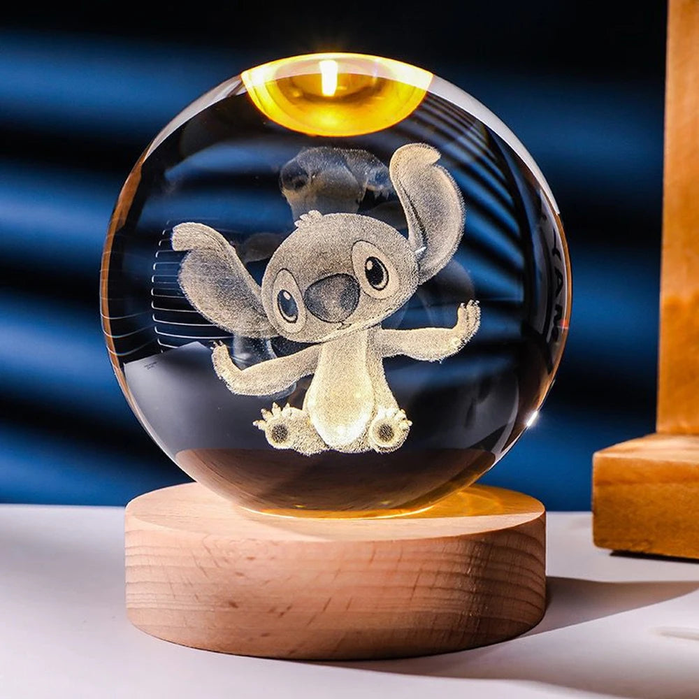 6cm Stitch 3D Crystal Ball Night Light – Laser Engraved LED Planet Lamp for Kids, Home Decor & Birthday Gifts