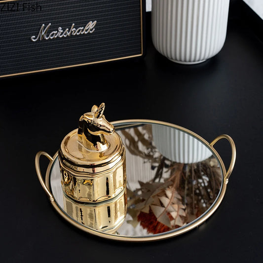Brass Handle Mirror Tray – Luxe Storage for Jewelry & Decor