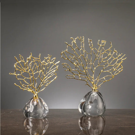 Imitation Coral Crystal Tree Ornament – Ocean-Inspired Decorative Sculpture with Glass Vase & Metal Frame